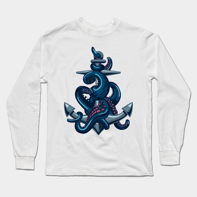 Octopus tentacles and anchor. Vintage travel print. Long Sleeve T-Shirt by Kazanskiy